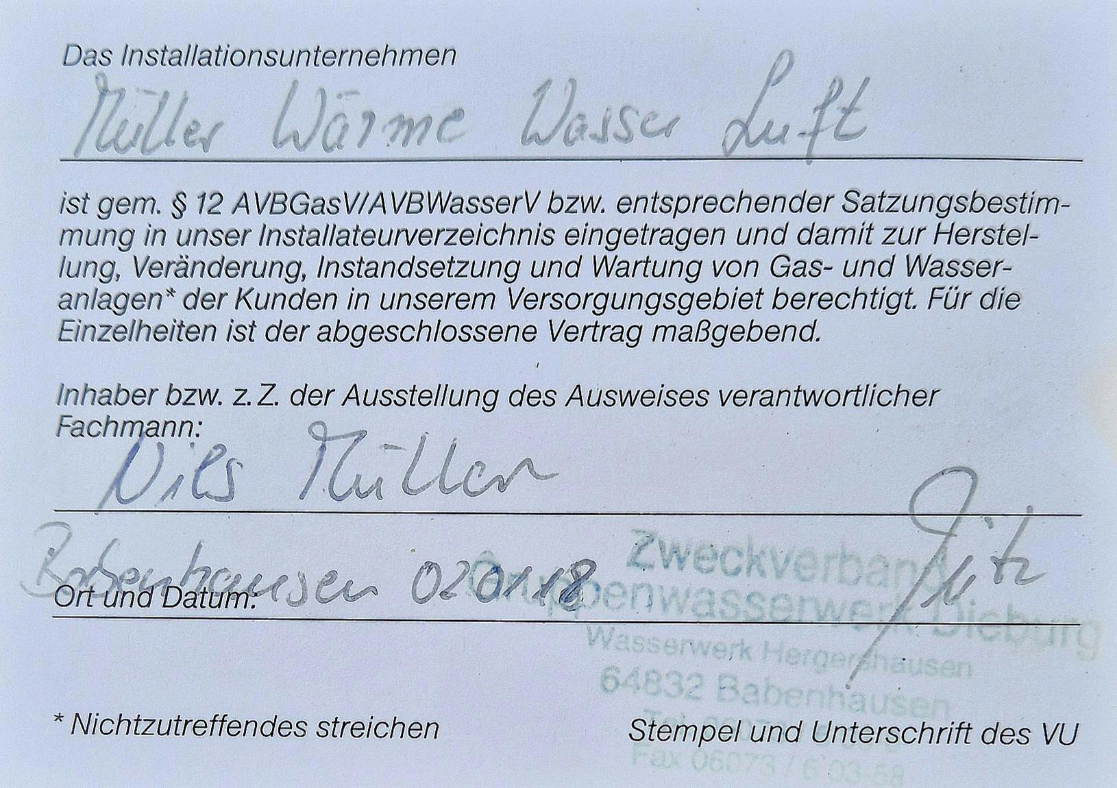 Zertifikat Fa. Müller